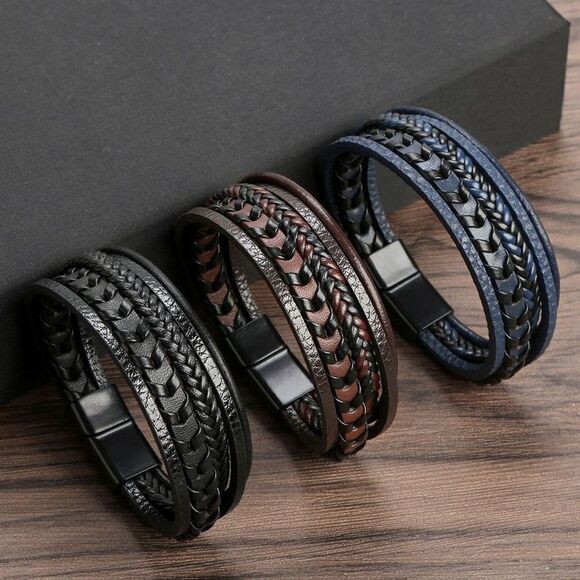Leather Braided Men Bracelet Navy Blue - Picture 1 of 13